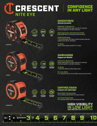 Cover of the Crescent NITE EYE product brochure highlighting key features of the SHOCKFORCE, WORKHORSE, and CONTROLTOUCH tape measures