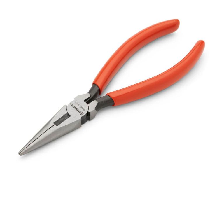 Crescent 6546CVSMLN long nose pliers on white background with the jaws of the pliers in the lower left corner of the image and handles in the upper right corner