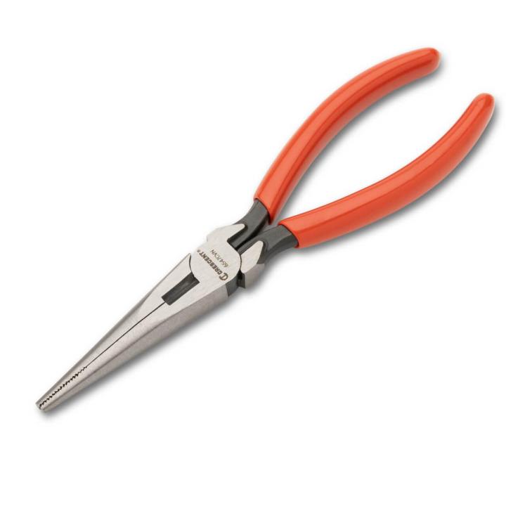 Crescent 6547CVN long nose pliers on white background with the jaws of the pliers in the lower left corner of the image and handles in the upper right corner