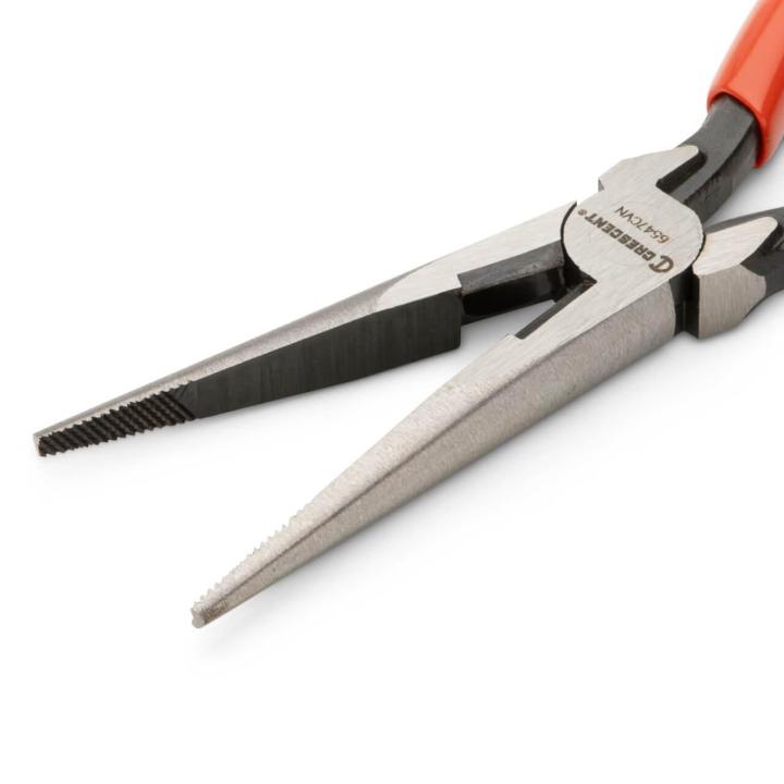 Close-up of Crescent part number 6547CVN long chain nose pliers jaws on white background
