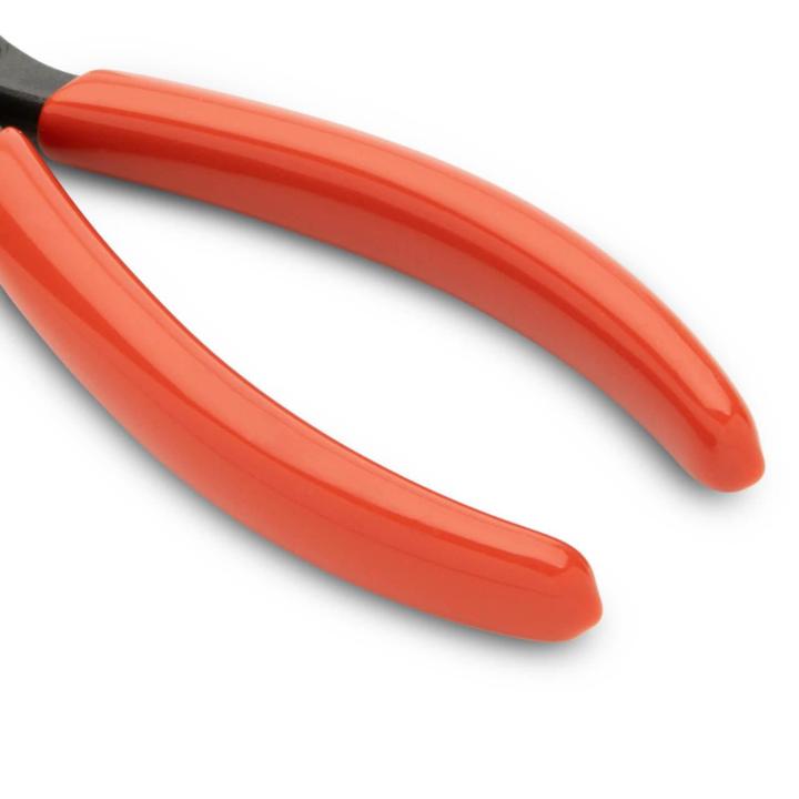 Close-up of Crescent part number 6547CVN long chain nose pliers plastic dipped handles on white background