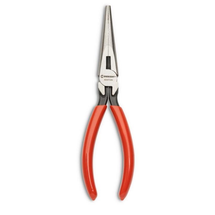 Crescent 6547CVN long chain nose pliers on white background with jaws pointing towards the top center of the photo and handles pointing towards the bottom center of the photo