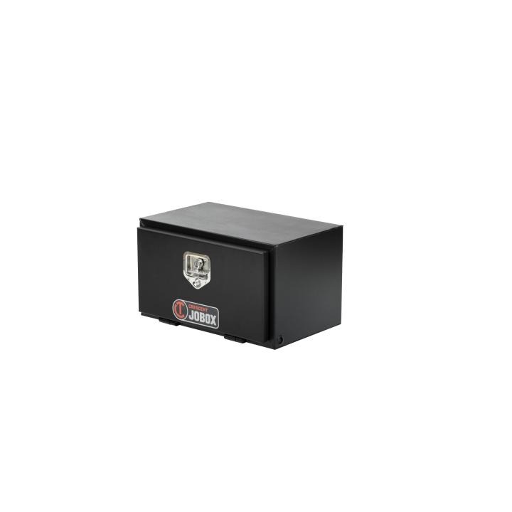 Crescent Black Steel Underbed Box angled with the door closed with the door facing the left hand side