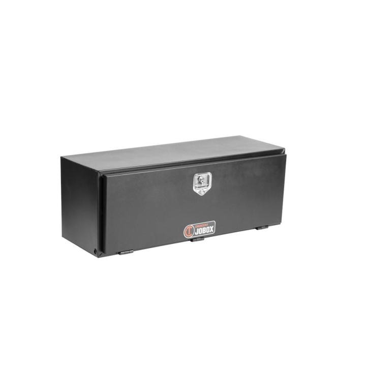 Crescent Black Steel Underbed Box angled with the door closed with the door facing the right hand side