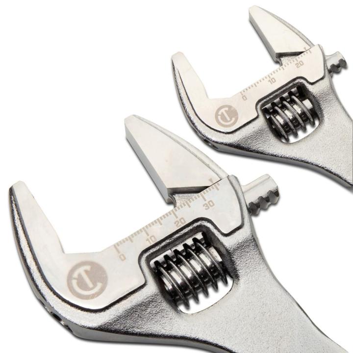 Image of the  Crescent 2 Piece 6" & 10" Chrome Quick-Fit-Jaw Adjustable Wrench Set with a close up view of the wrench head showing the sizing scale