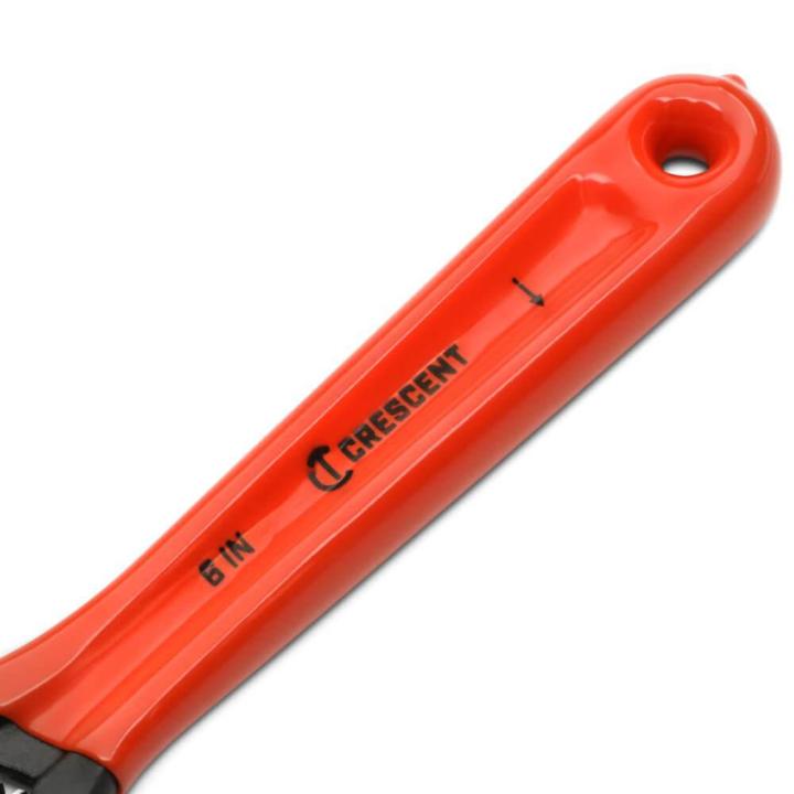 Close up of the 6" Adjustable Black Oxide Cushion Grip Wrench handle on a white background