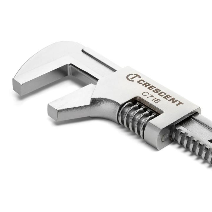 Up close image of the Crescent 18" Automotive Wrench showing the jaws open on a white background pointing towards the upper left side of the image