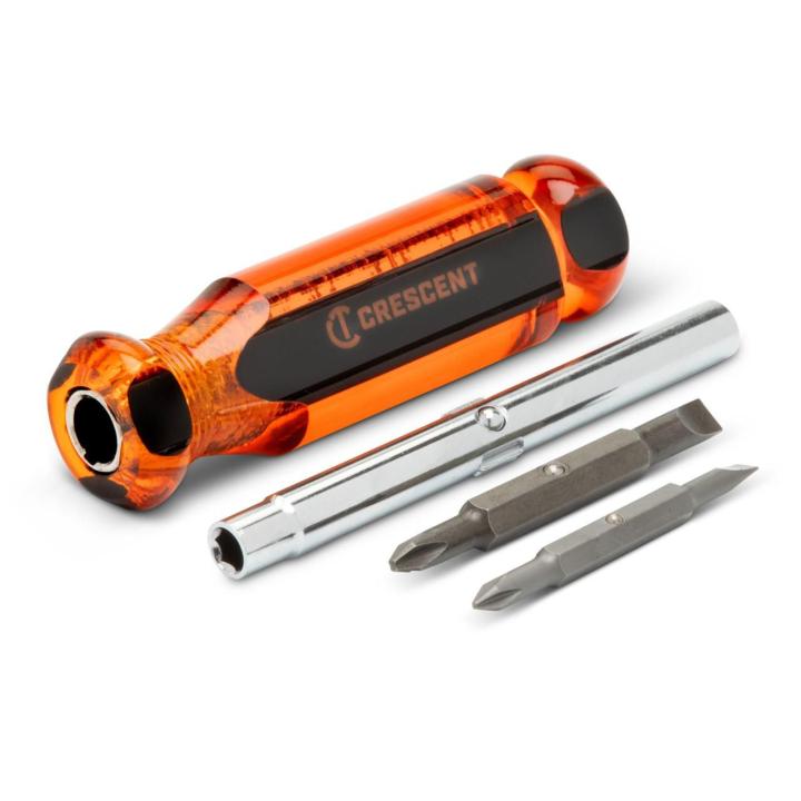 Crescent 6-in-1 Interchangeable Bit Screwdriver on an angle view with the handle on top and bits on the bottom