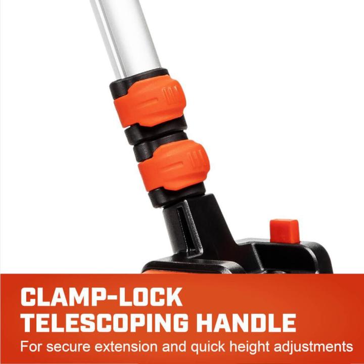 10cm measuring wheel infographic highlighting the clamp-lock telescoping handle for secure extension and quick height adjustments