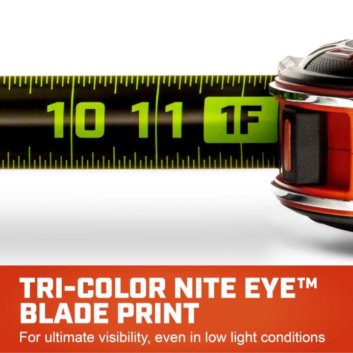 SHOCKFORCE NITE EYE tape measure graphic highlighting the tri-color NITE EYE blade print for ultimate visibility