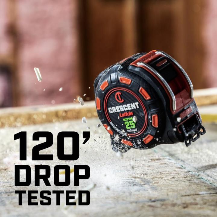 SHOCKFORCE NITE EYE tape measure graphic depicting the case durability that is 120' drop tested