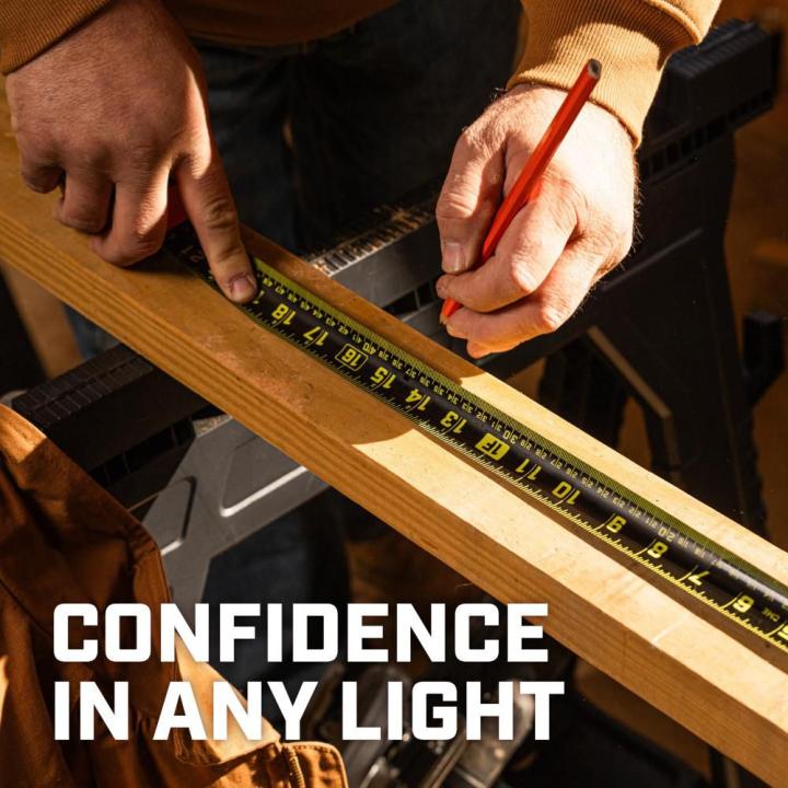 SHOCKFORCE NITE EYE CME tape measure graphic highlighting the high contrast blade markings giving you confidence in any light