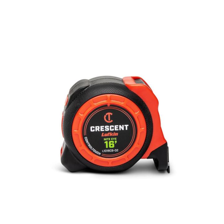 Crescent  L1016CB-02  1-3/16 x 16' CONTROLTOUCH NITE EYE Tape Measure  facing forward to showcase the front of the tape measure on a white background