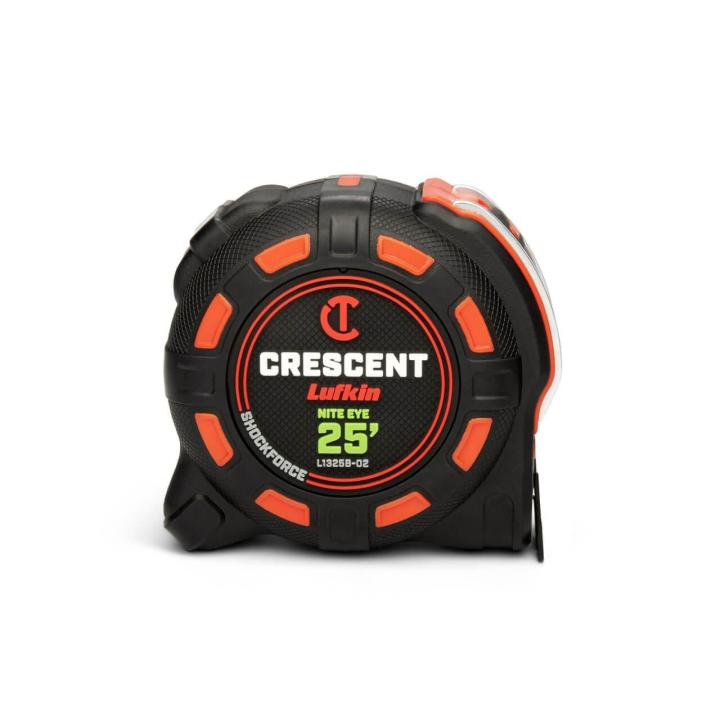 Crescent SHOCKFORCE NITE EYE 25 foot tape measure facing forward to showcase the front of the tape measure on a white background