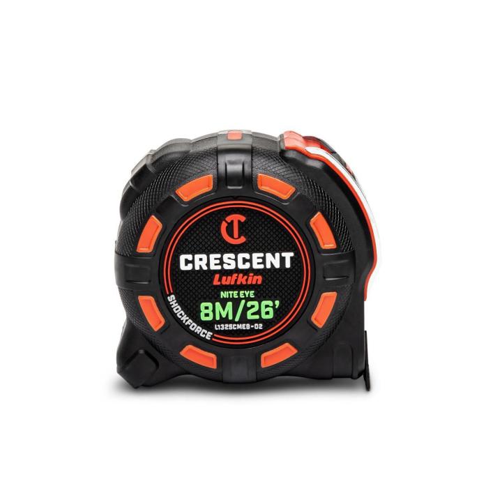 Crescent  L1325CMEB-02  1-1/4 x 8 M/25' SHOCKFORCE NITE EYE Tape Measure  facing forward to showcase the front of the tape measure on a white background