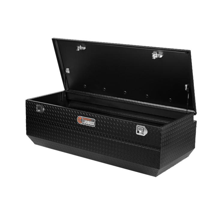 Crescent 61" Black Aluminum Extra Wide Truck Chest on an angle view with the lid open on a white background