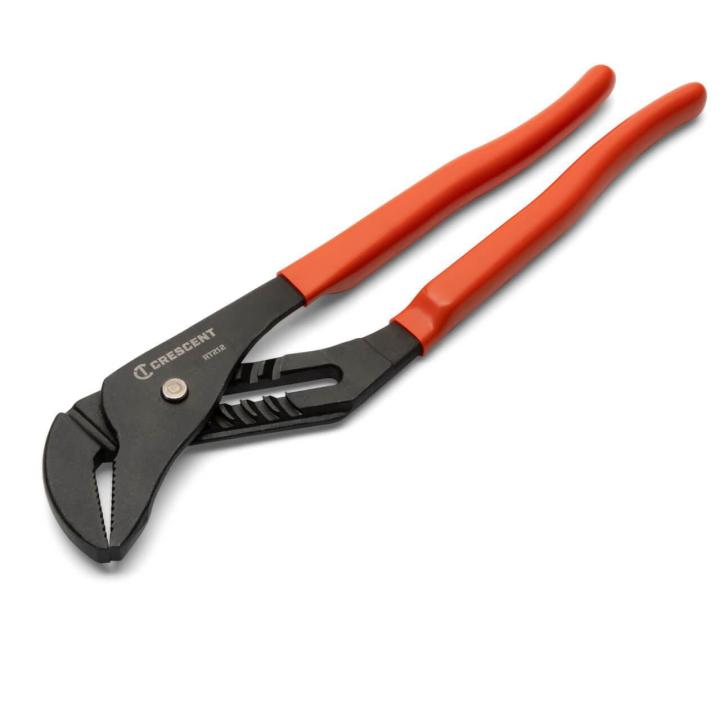 Crescent RT212CVN-05 tongue and groove pliers on white background with the jaws of the pliers in the lower left corner of the image and handles in the upper right corner