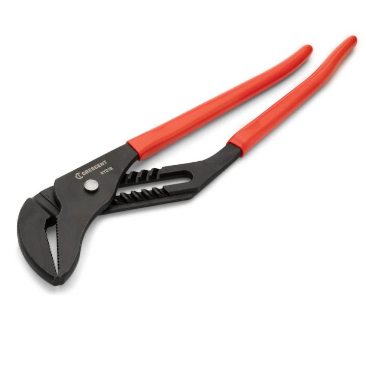Crescent RT216CVN-05 tongue and groove pliers on white background with the jaws of the pliers in the lower left corner of the image and handles in the upper right corner