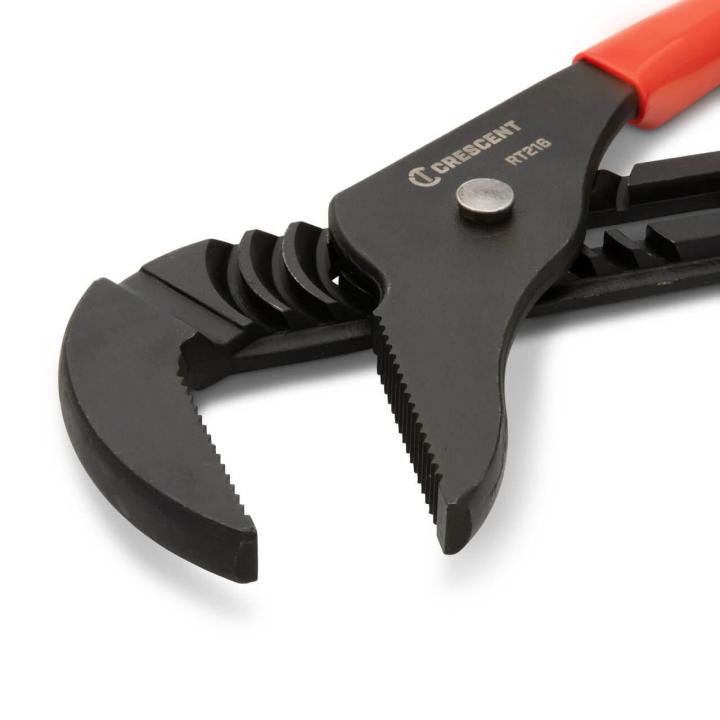 Close-up of Crescent part number RT216CVN-05 tongue and groove pliers jaws on white background
