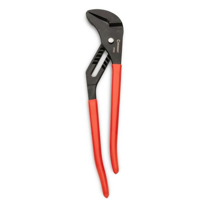 Crescent RT216CVN-05 straight jaw tongue and groove pliers on white background with jaws pointing towards the top center of the photo and handles pointing towards the bottom center of the photo