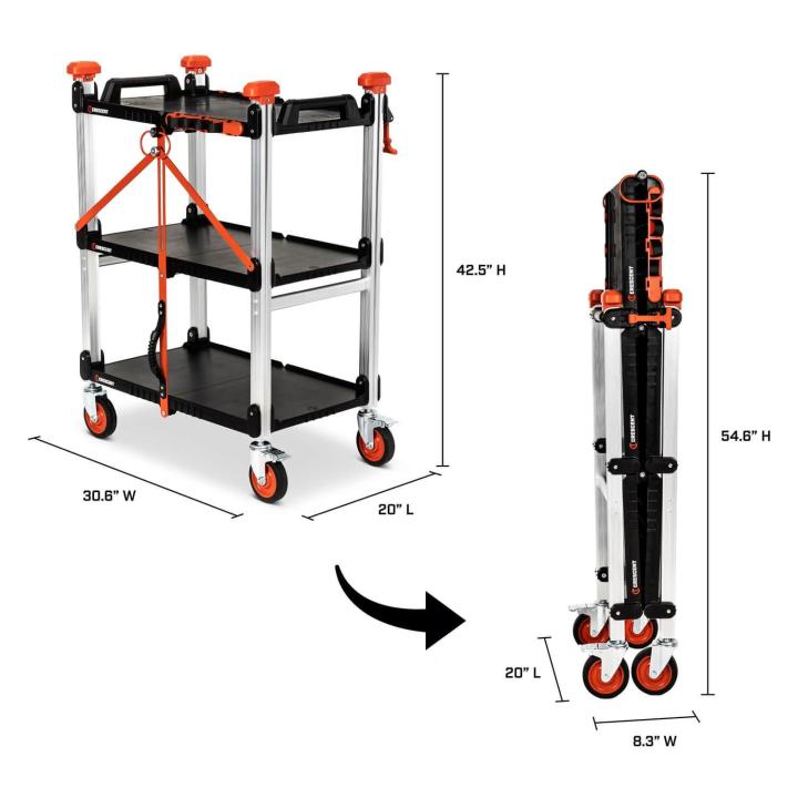 Crescent SITERUNNER dimensions unfolded 20" length x 30.6" width x 42.5" height and dimensions folded 20" length x 8.3" width x 54.6" height
