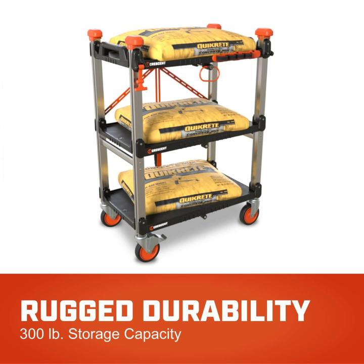 Crescent SITERUNNER 3 shelf folding cart holding 1 bag of Quickrete on each shelf with "Rugged Durability: 300 lb. Storage Capacity"