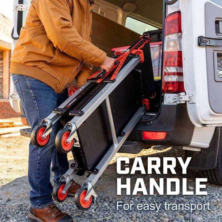 Male construction worker putting a folded Crescent SITERUNNER cart into the back of his van with "Carry Handle For Easy Transport"