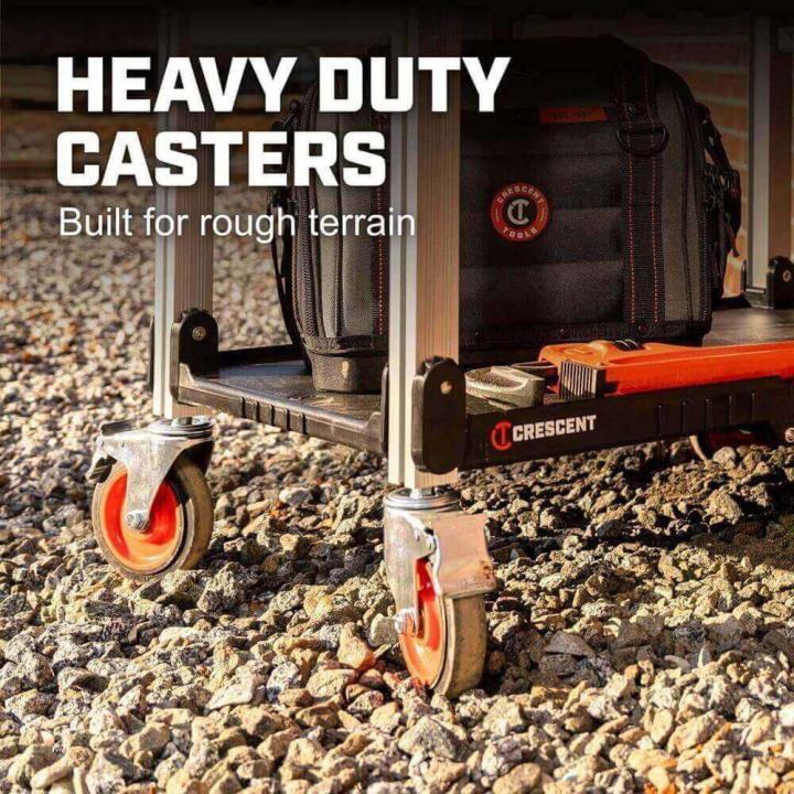 Close-up of the casters on the Crescent SITERUNNER in gravel with "Heavy Duty Casters Built for Tough Terrain"