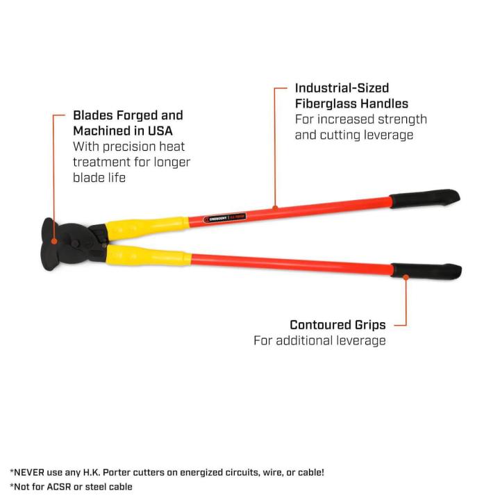 36 Bolt Cutter with Fiberglass Handles text on image - Blades Forged & Machined in USA, Industrial-Sized Fiberglass Handles, Contoured Grips - NEVER use any H.K. Porter cutters on energized circuits, wire, or cable - Not for ACSR or steel cable