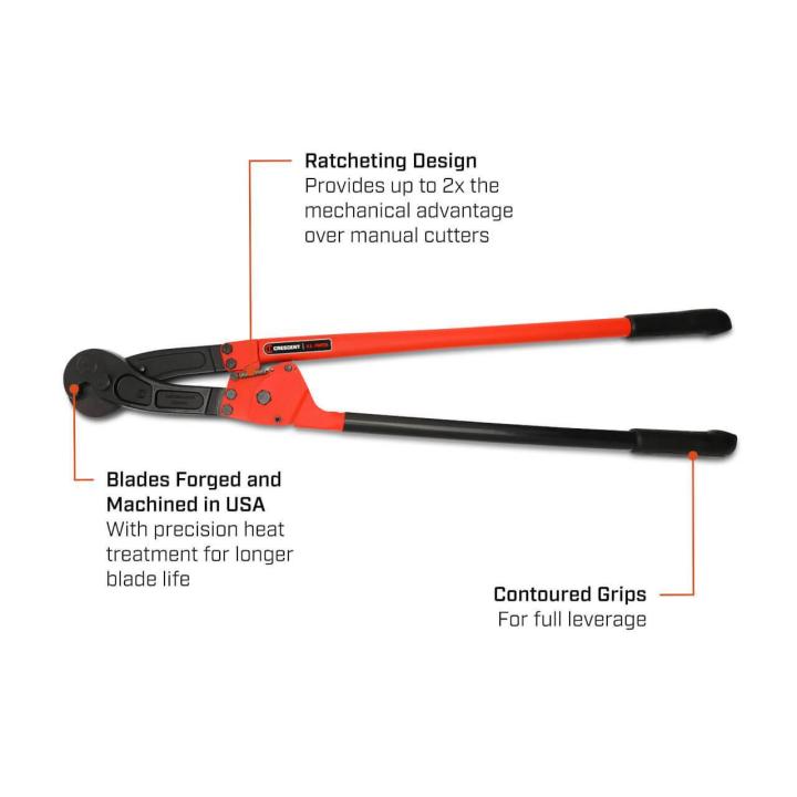 36 Wire Rope Ratcheting Cable Cutter text on image - Ratcheting Design, Blades Forged & Machined in USA, Contoured Grips