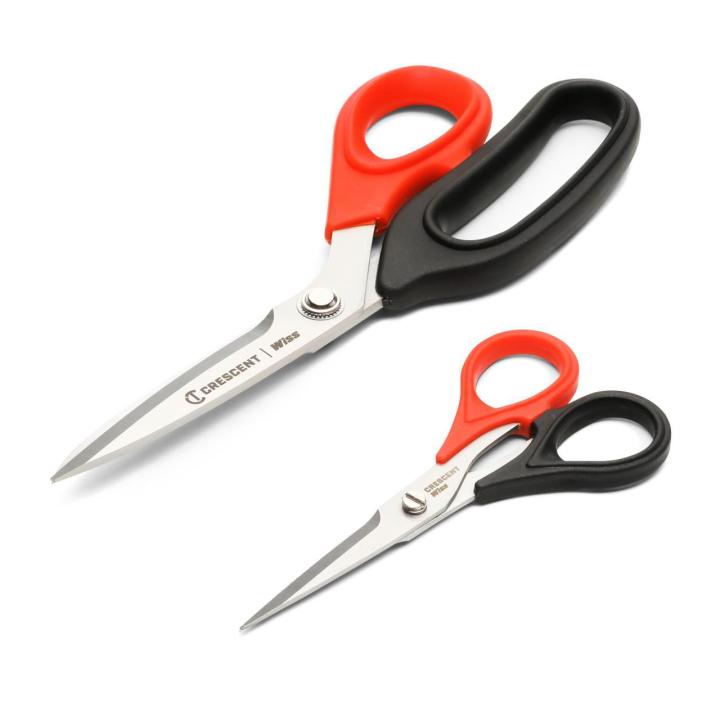 Image of the 2 Piece Home, Crafting and Sewing Scissor Set on a white background showing  both the 5" sewing scissor and the 8-3/4" craft scissor with the red & black handles towards the right and the cutting blades towards the left
