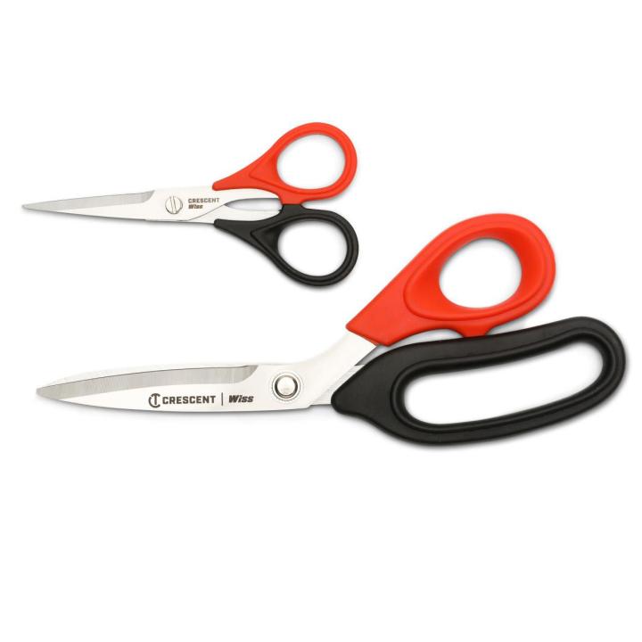 Image of the 2 Piece Home, Crafting and Sewing Scissor Set on a white background showing  both the 5" sewing scissor and the 8-3/4" craft scissor with the red & black handles towards the right and the cutting blades towards the left