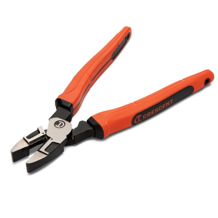 Crescent Z20508CG-06 8 Z2 Lineman's Plier Cushion Grip with the jaws open facing towards the lower left side and the handle facing towards the upper right side on a white background
