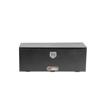 Crescent Black Steel Underbed Box facing forward and the door closed