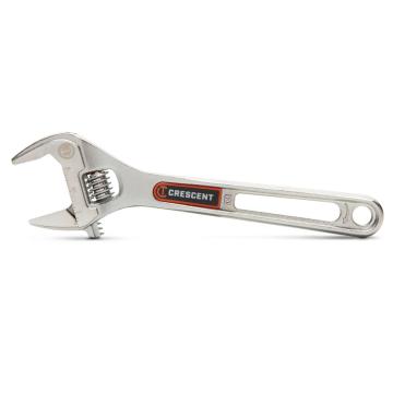 Image of the Crescent  8" Chrome Adjustable Wrench with Quick-Fit-Jaw on a white background with the adjustable jaw towards the left side and the handle towards the right side of the image.